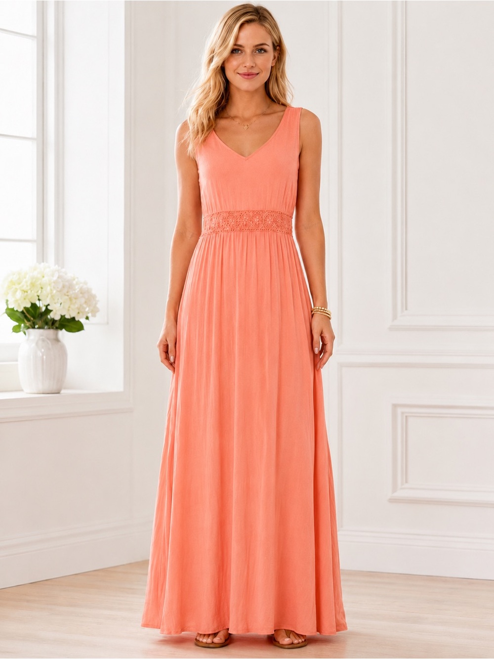 LC Lauren Conrad Coral Peach Crochet Trim Lined Maxi Dress NWT M